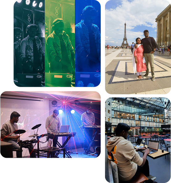 Collage of Vivek's life - DJing, traveling, performing music, and working