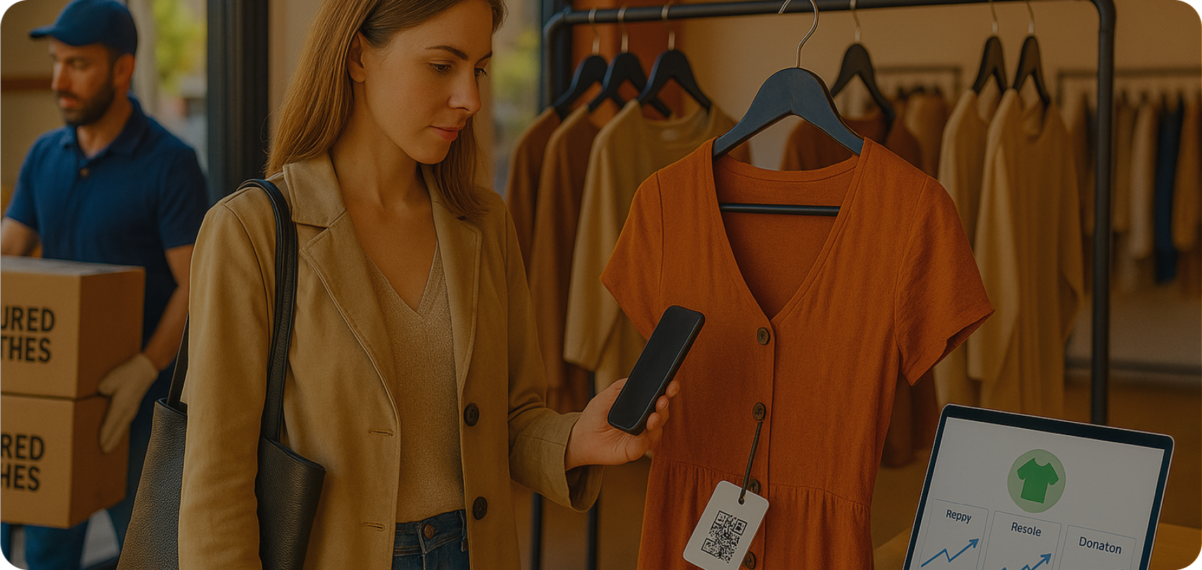 Woman scanning QR code on clothing in a circular fashion retail environment