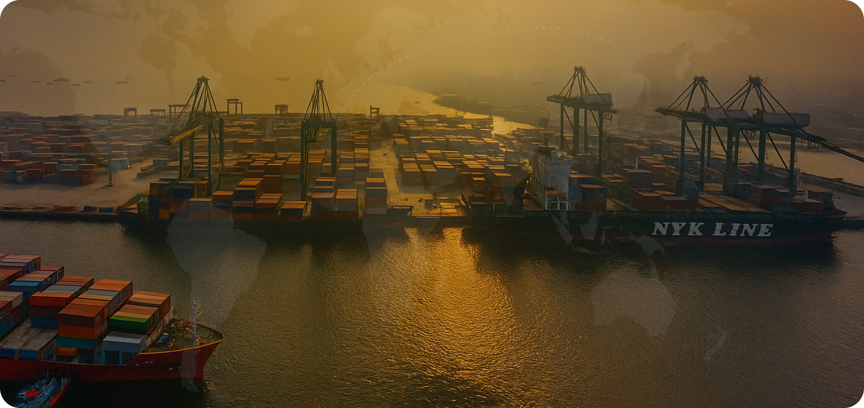 Aerial view of a shipping port with container ships and logistics operations at sunset